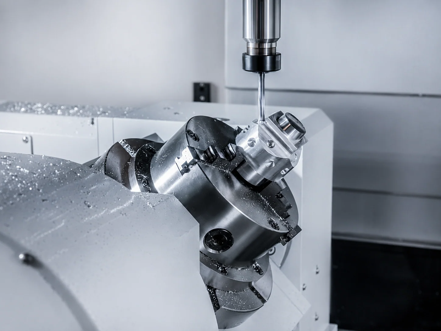 Mecanizado CNC en curso con refrigerante